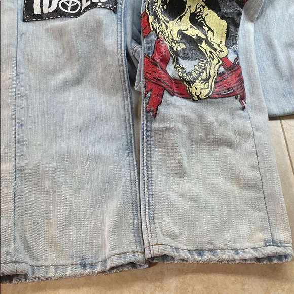 Watson Blue Jeans Size 36 Skull Patch Distressed Punk Slogan Graphic Denim - Picture 15 of 16